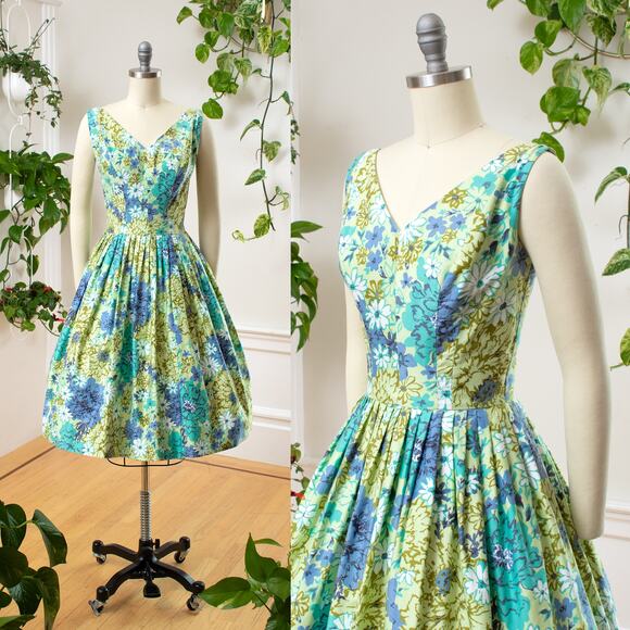 Vintage 1950s Sundress 50s Floral Cotton Green Blue Fit and Flare Tea Day Dress